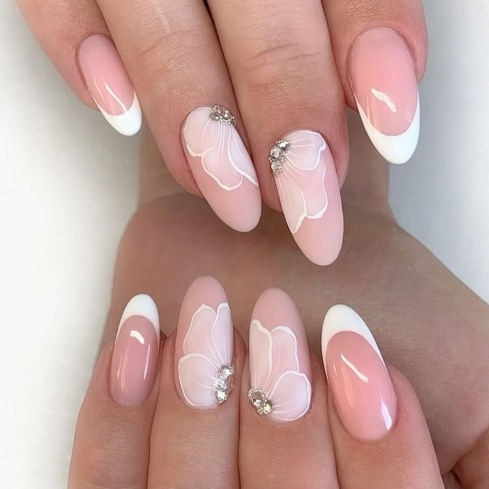 24pcs/Set White French Floral with Rhinestones Press-On Nails