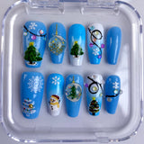 (Handmade) 10pcs/Set Blue & White Gradient 3D Crystal Ball Fairy Light Christmas Press-On Nails