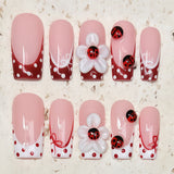 (Handmade) 10pcs/Set Ladybug & 3D Floral French Press-On Nails