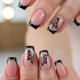24pcs/Set Black French Tips with Black Butterfly Press-On Nails