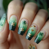 24pcs/Set Gradient Green Glitter Clover Hearts Press-On Nails