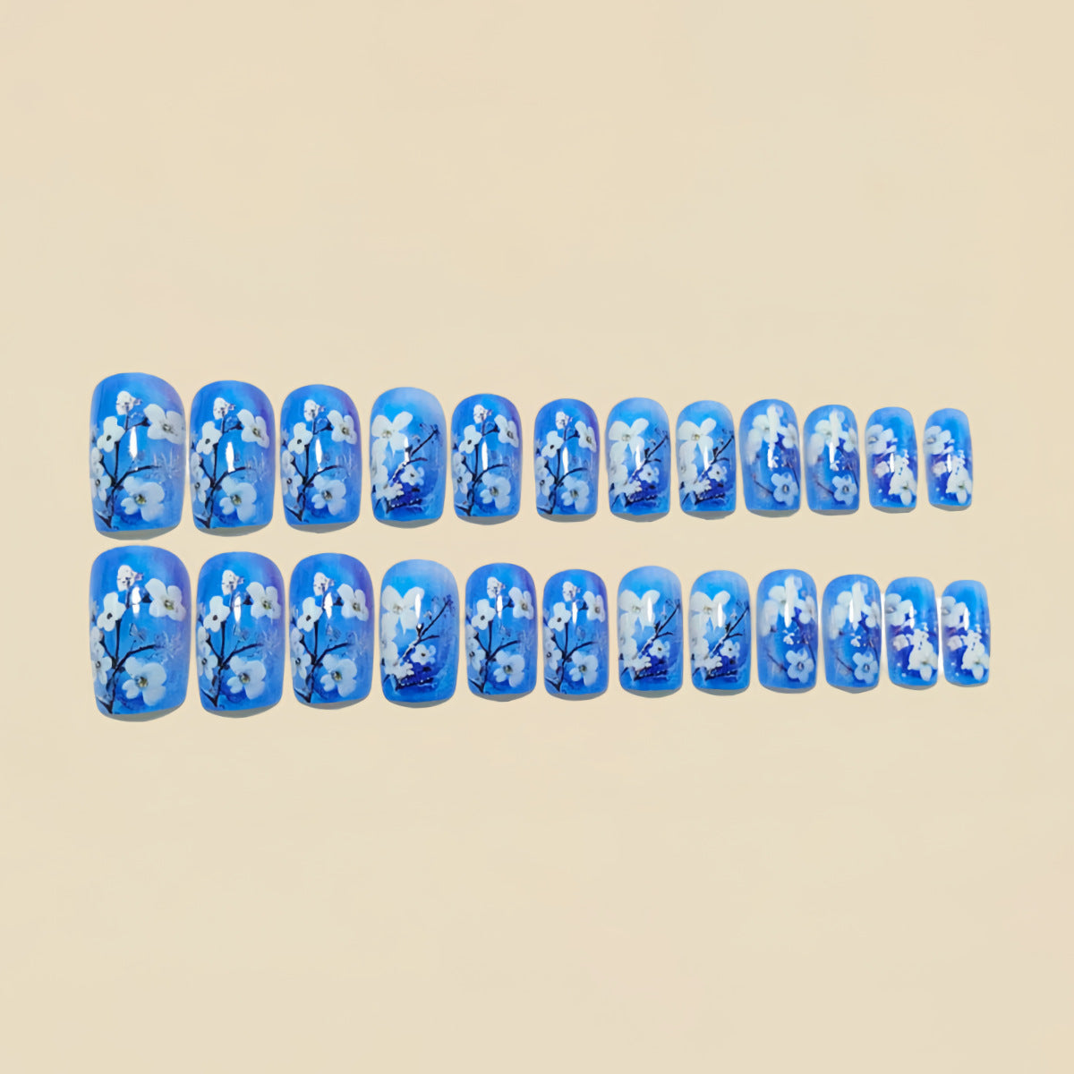 24pcs/Set Blue Floral Press-On Nails