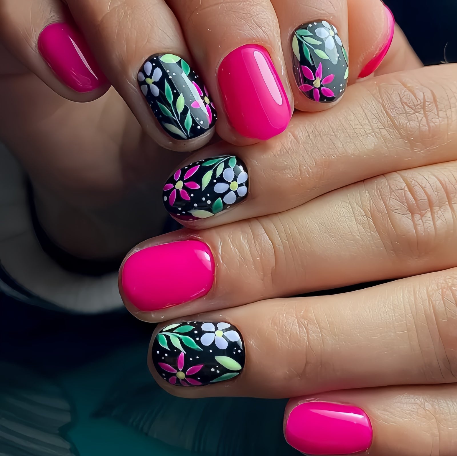 24pcs/Set Pink Botanical Flowers Short Press-On Nails