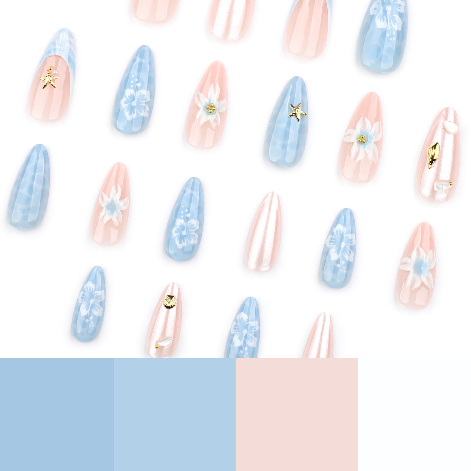24pcs/Set Blue Beach Waves with 3D Floral Press-On Nails
