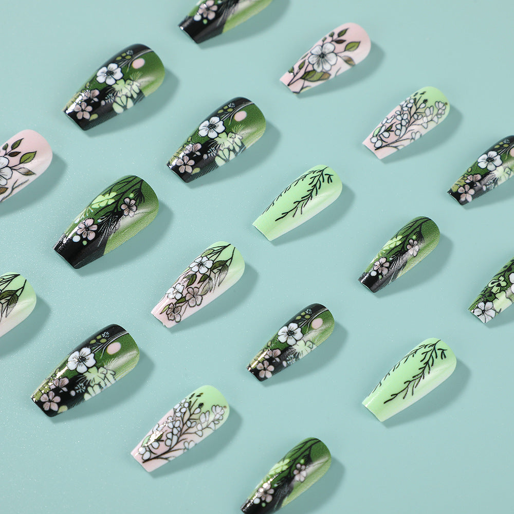 24pcs/Set Green Flowers Press-On Nails