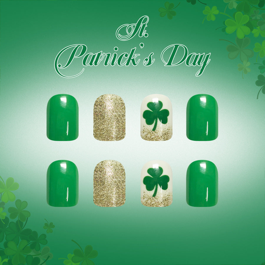 24pcs/Set Four-Leaf Clover with Gold Glitter Short Press On Nails