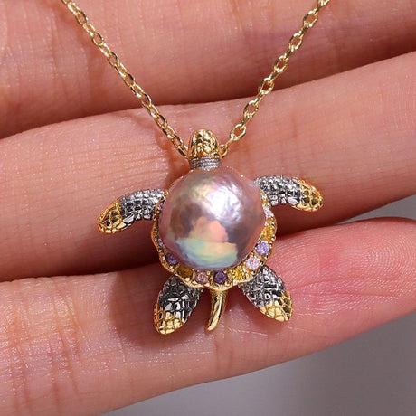 Ocean Turtle with Natural Colorful Pearl & Rhinestones Necklace