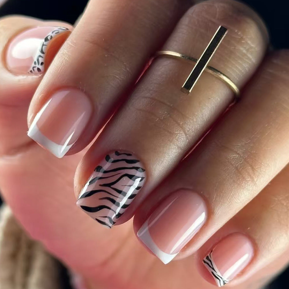 24pcs/Set French Zebra Print Short Press On Nails