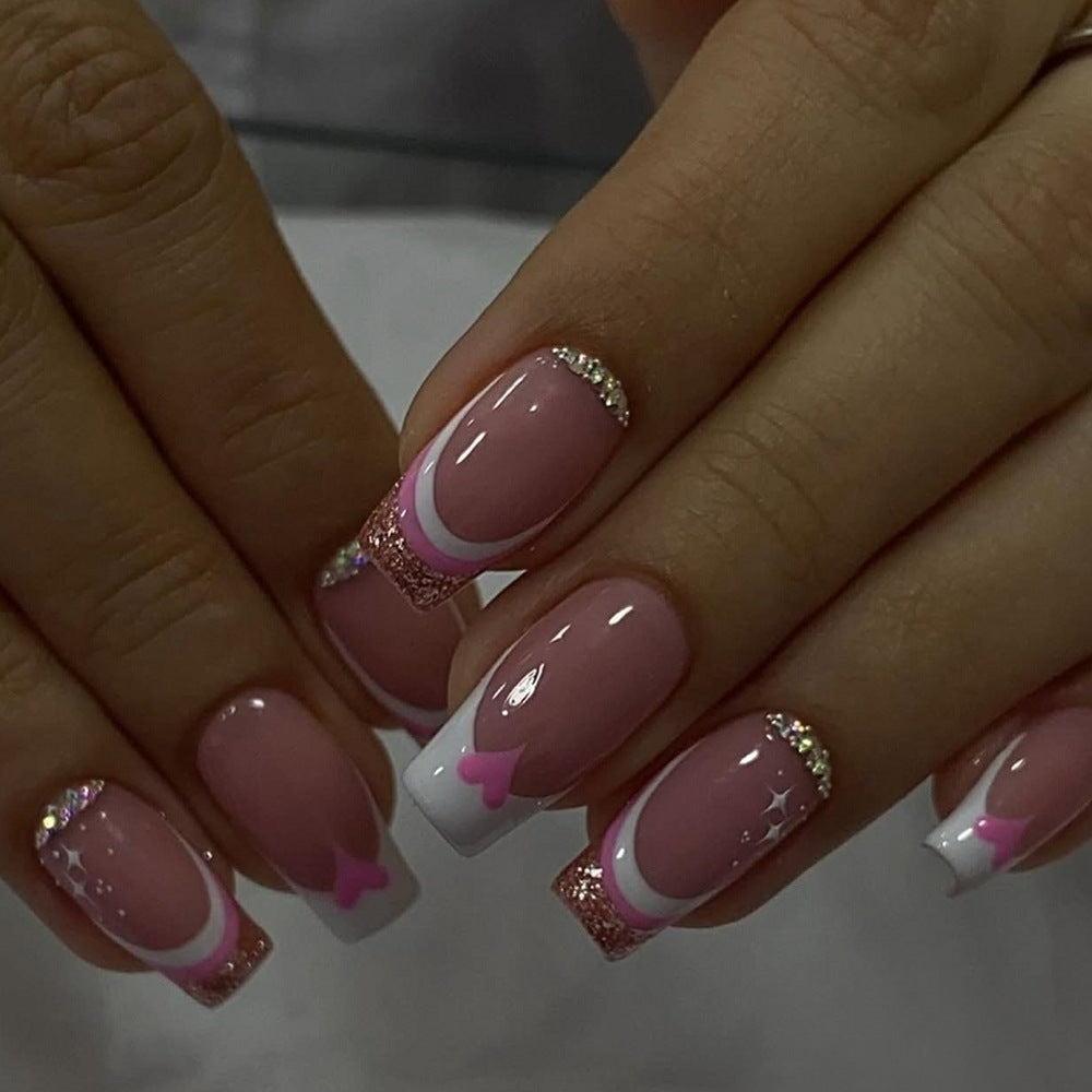 24pcs/Set Cute Pink Heart French Press-On Nails