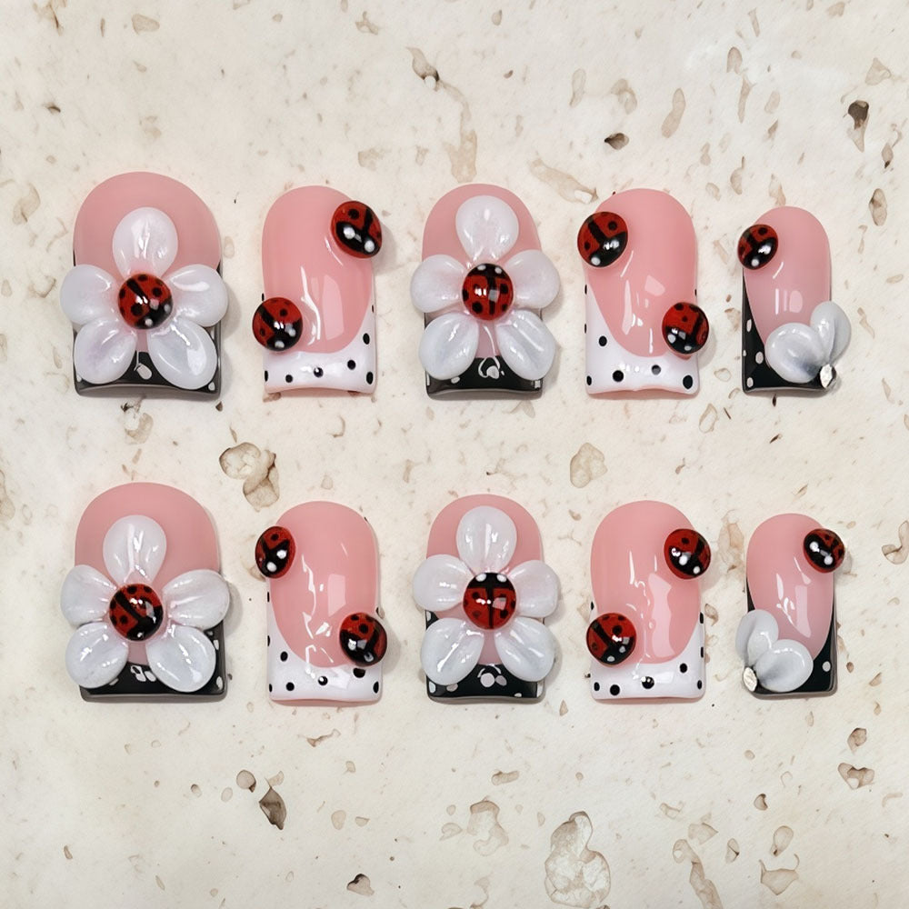 (Handmade) 10pcs/Set Ladybug & 3D Floral French Press-On Nails