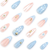 24pcs/Set Blue Beach Waves with 3D Floral Press-On Nails