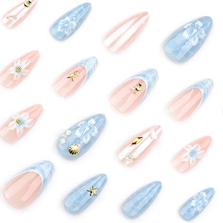 24pcs/Set Blue Beach Waves with 3D Floral Press-On Nails