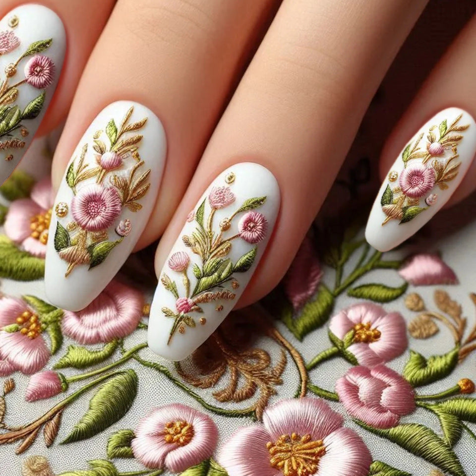 24pcs/Set Pastel Embroidery Press-On Nails