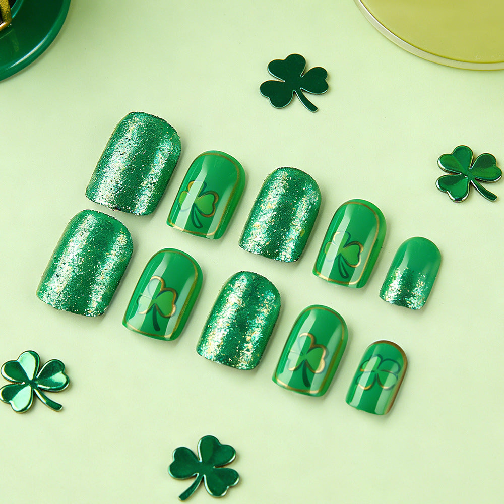 24pcs/Set Green Lucky Clover Short Press On Nails