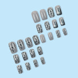 24pcs/Set Grey Dove with White Flowers Press-On Nails