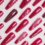 24pcs/Set Rose Red Floral with Rhinestones Press On Nails