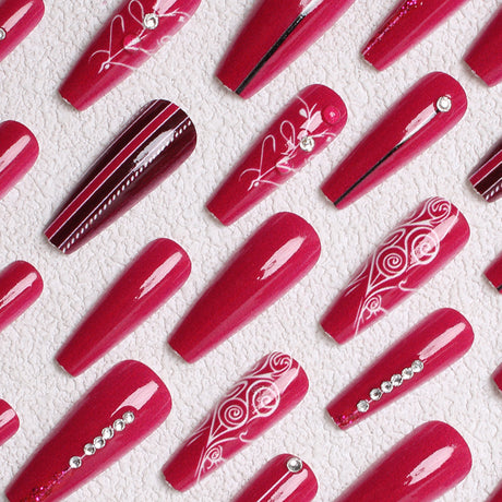 24pcs/Set Rose Red Floral with Rhinestones Press On Nails