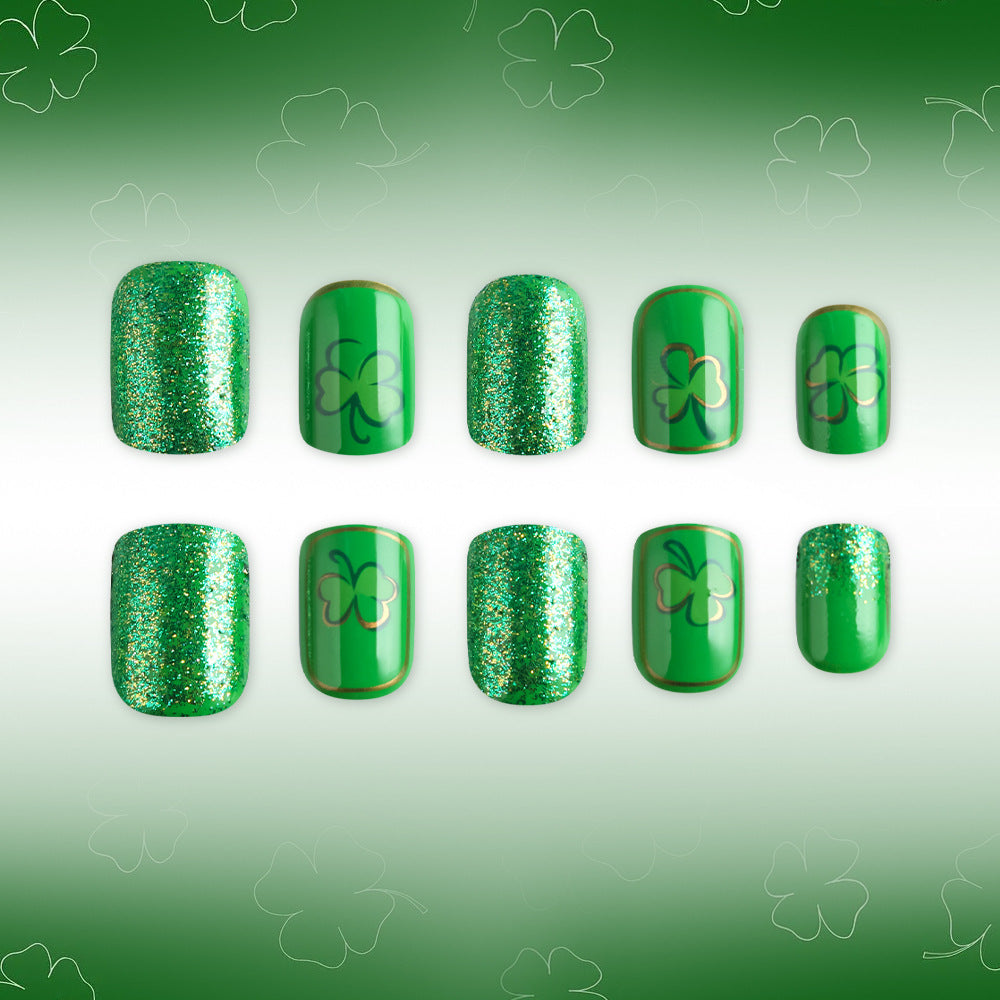 24pcs/Set Green Lucky Clover Short Press On Nails