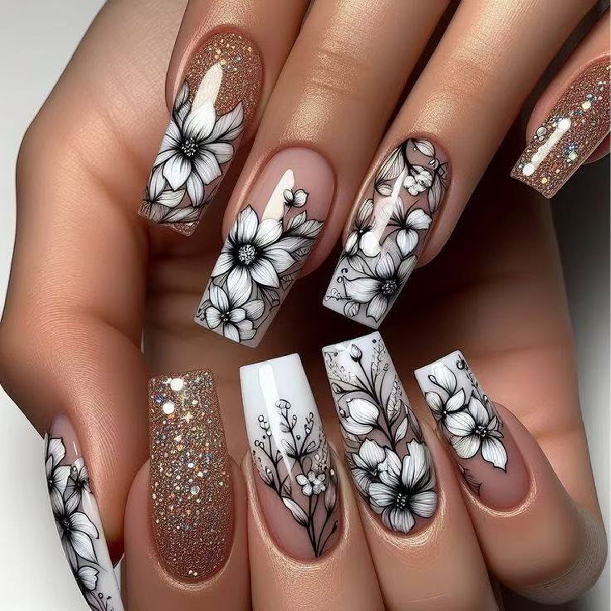 24pcs/Set Black and White Line Art Flower Press-On Nails