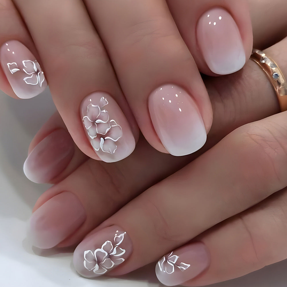 24pcs/Set White Gradient Flower Ombre Press-On Nails