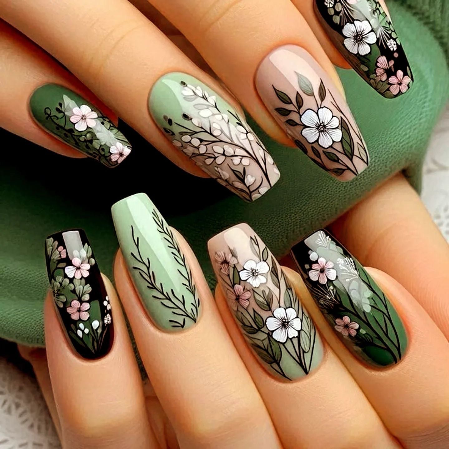 24pcs/Set Green Flowers Press-On Nails