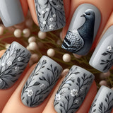 24pcs/Set Grey Dove with White Flowers Press-On Nails