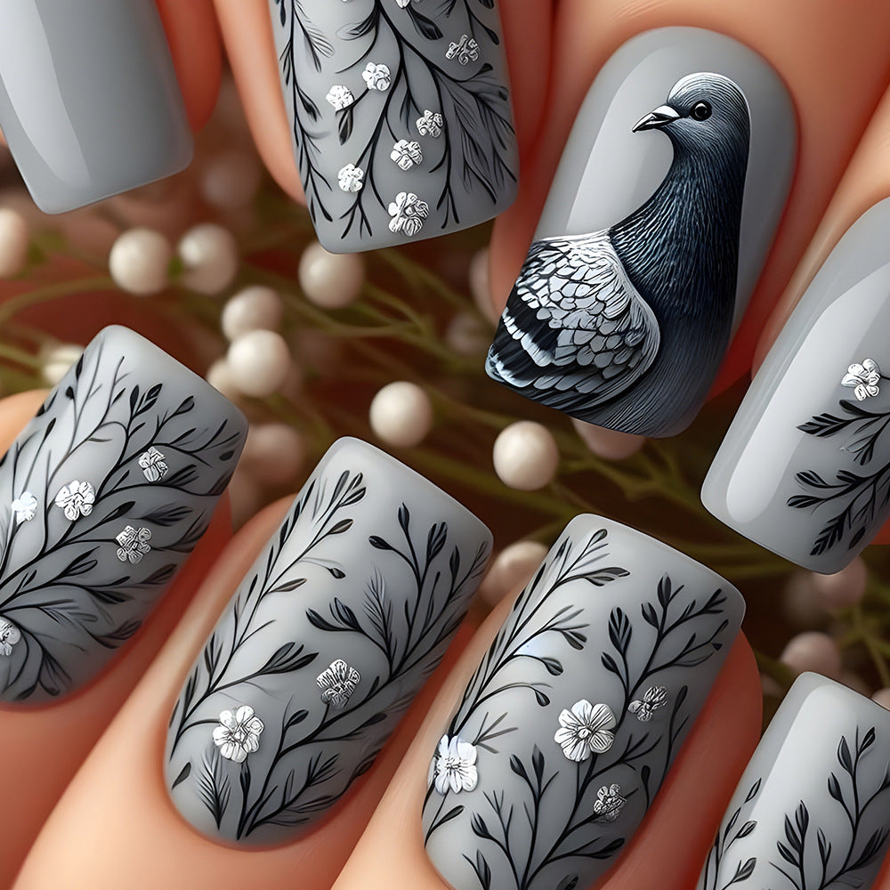 24pcs/Set Grey Dove with White Flowers Press-On Nails