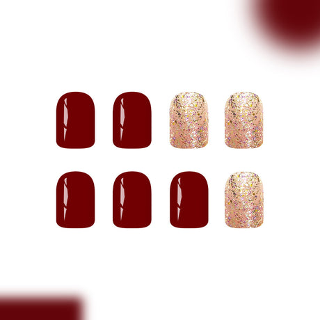 24pcs/Set Burgundy Glitter Short Press On Nails