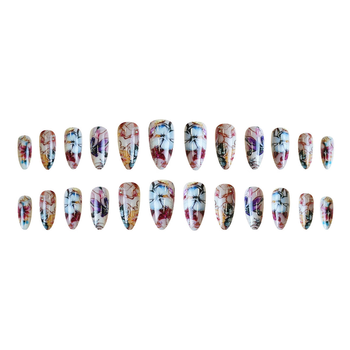 24pcs/Set Watercolor Butterfly Flowers Press-On Nails