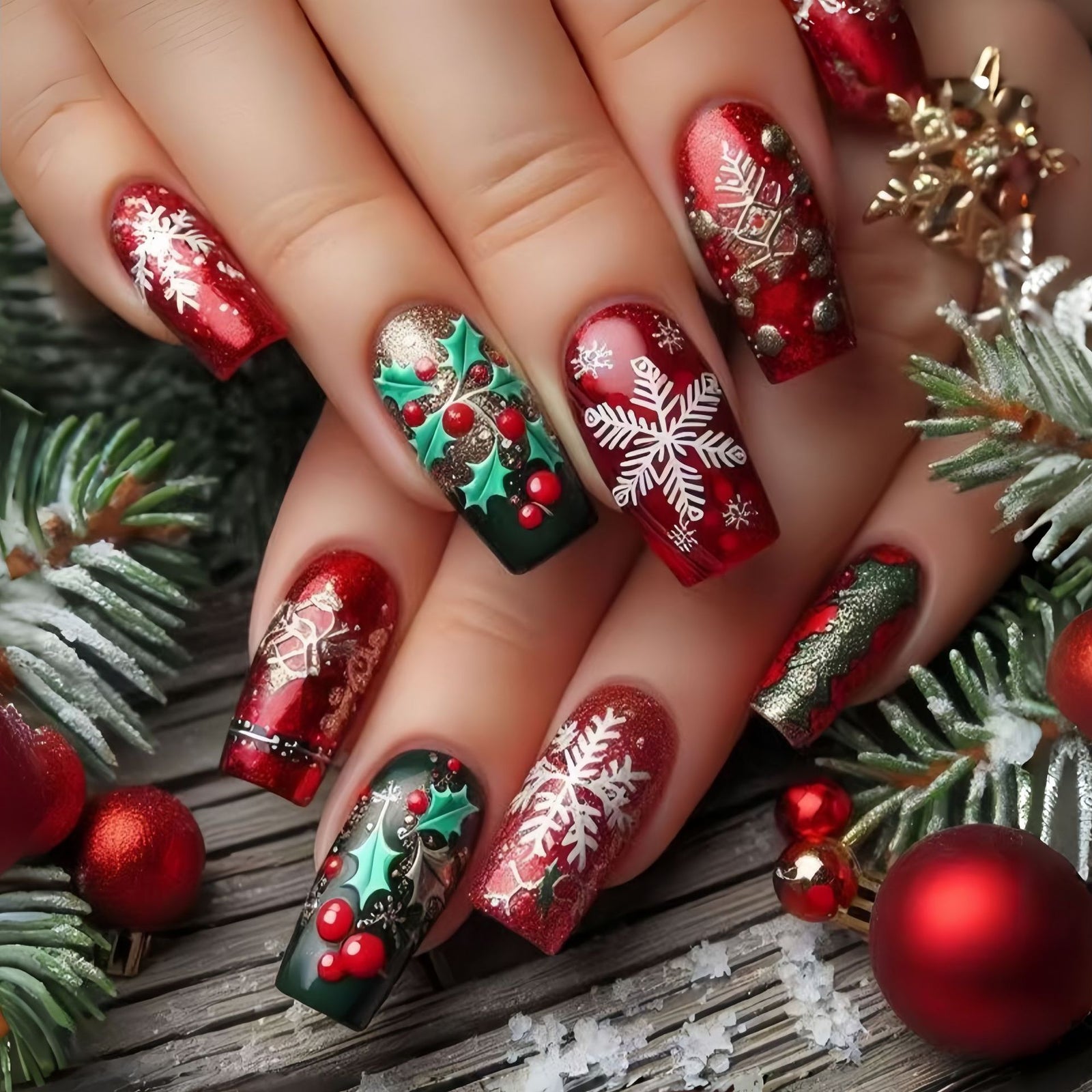 24pcs/Set Red Snowflake Christmas Tree Press-On Nails