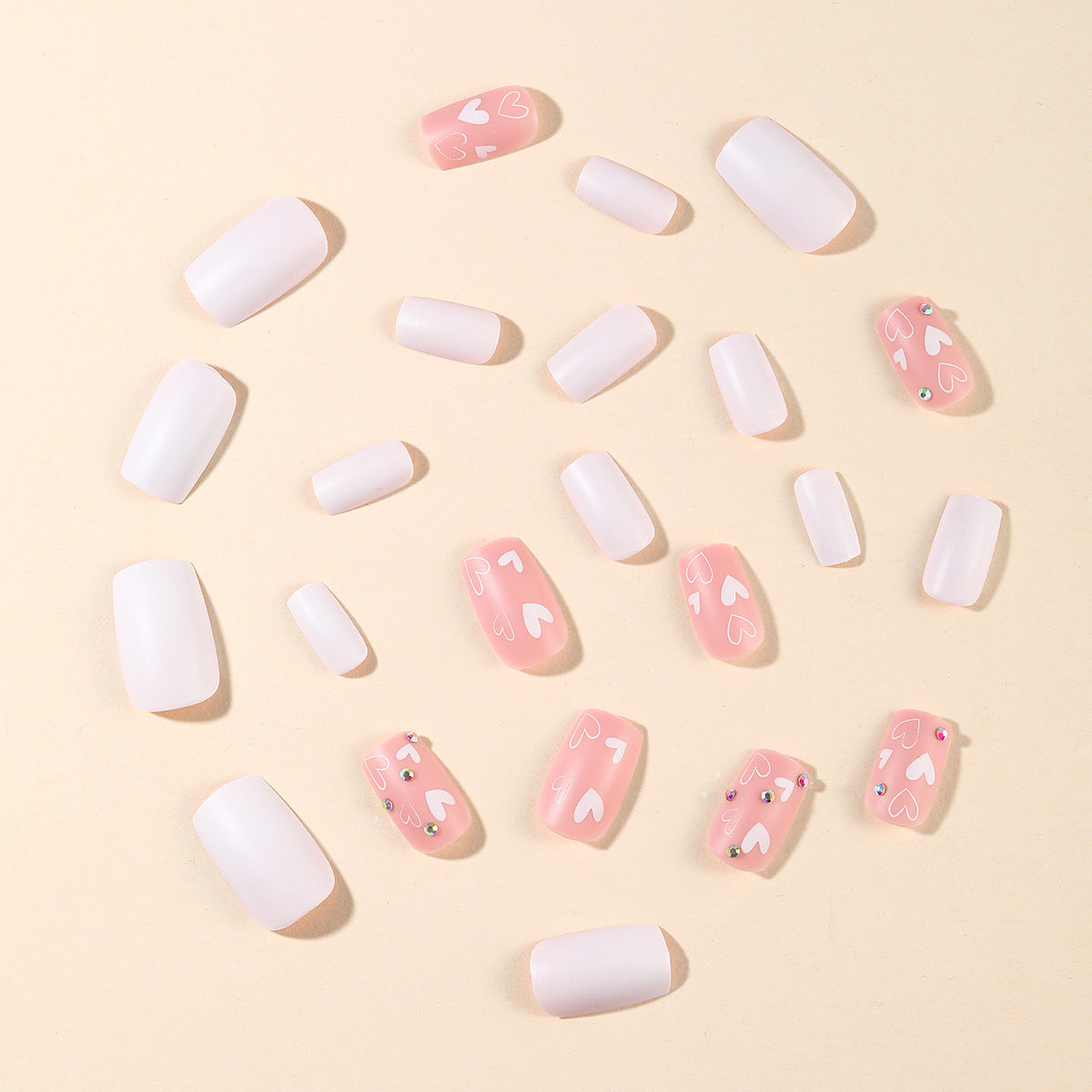 24pcs/Set Matte White Heart with Rhinestones Press-On Nails