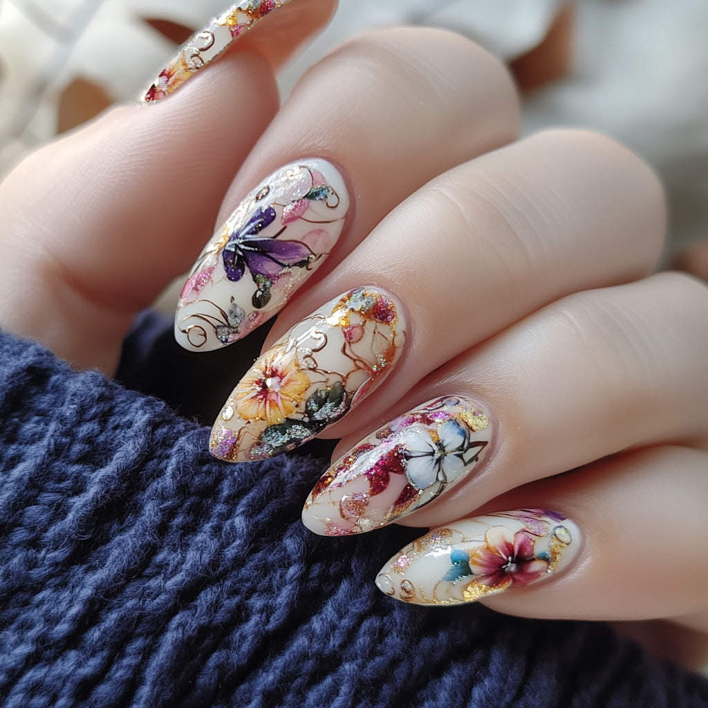 24pcs/Set Watercolor Butterfly Flowers Press-On Nails