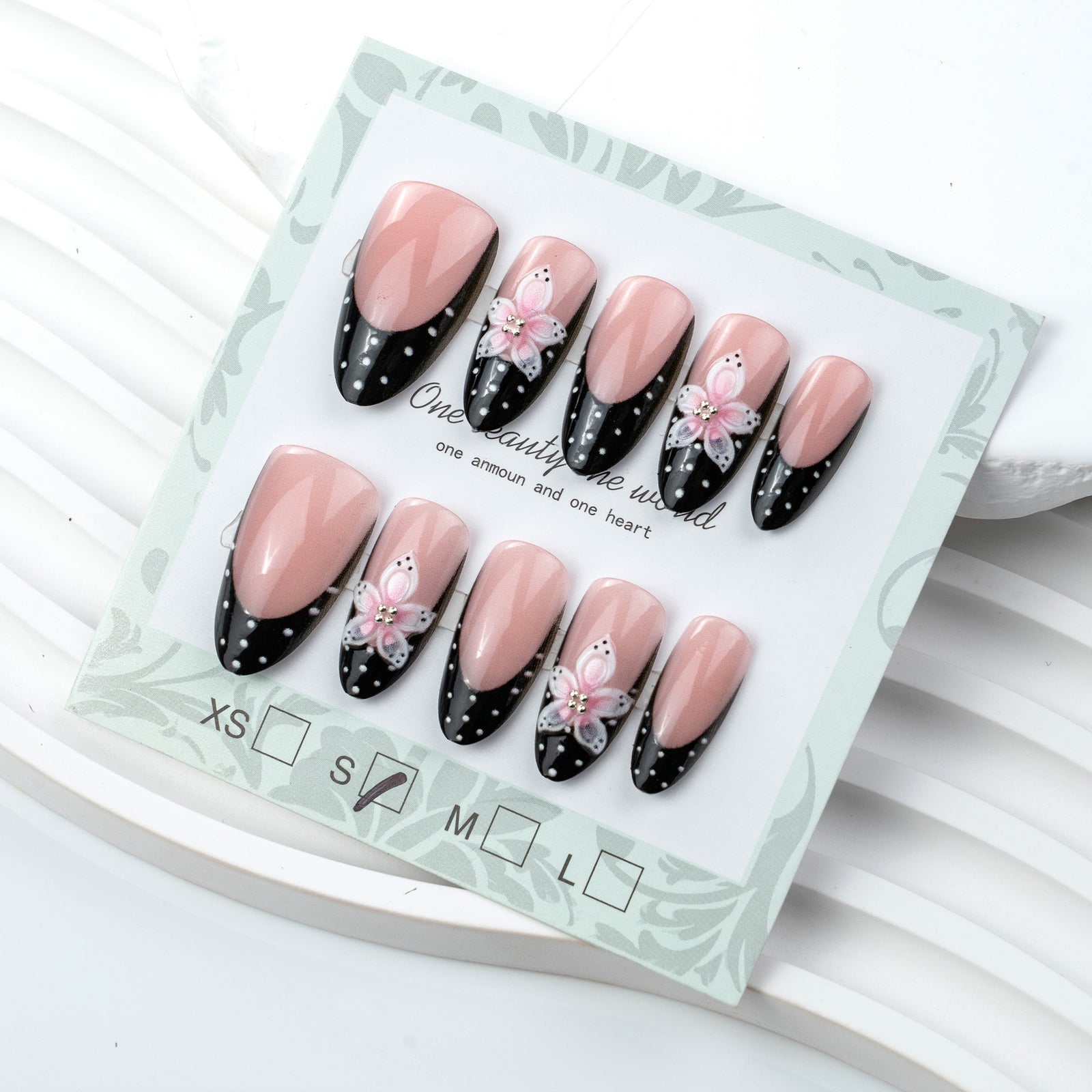 24pcs/Set Black Polka Dot French Tip with 3D Flowers Press-On Nails