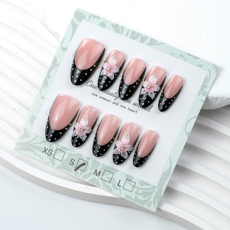 24pcs/Set Black Polka Dot French Tip with 3D Flowers Press-On Nails
