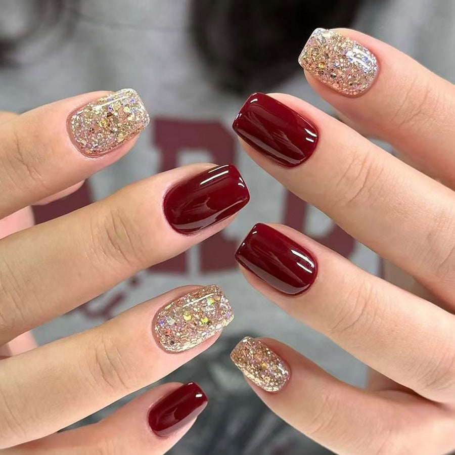24pcs/Set Burgundy Glitter Short Press On Nails
