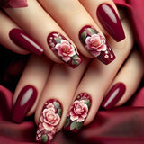 24pcs/Set Red Floral Design Press-On Nails