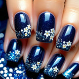 24pcs/Set Dark Blue Polka Dot Flower Press-On Nails