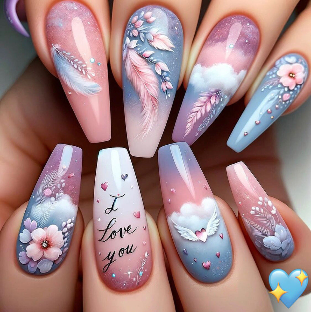 24pcs/Set Flower Cloud Feather Press-On Nails