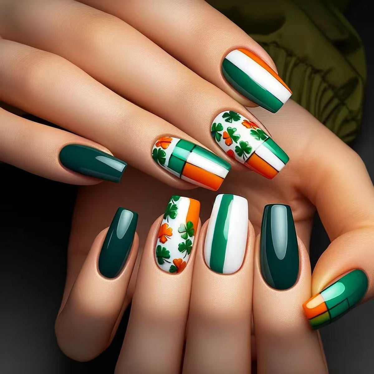 24pcs/Set St. Patrick's Day Irish Flag Lucky Clover Press-On Nails