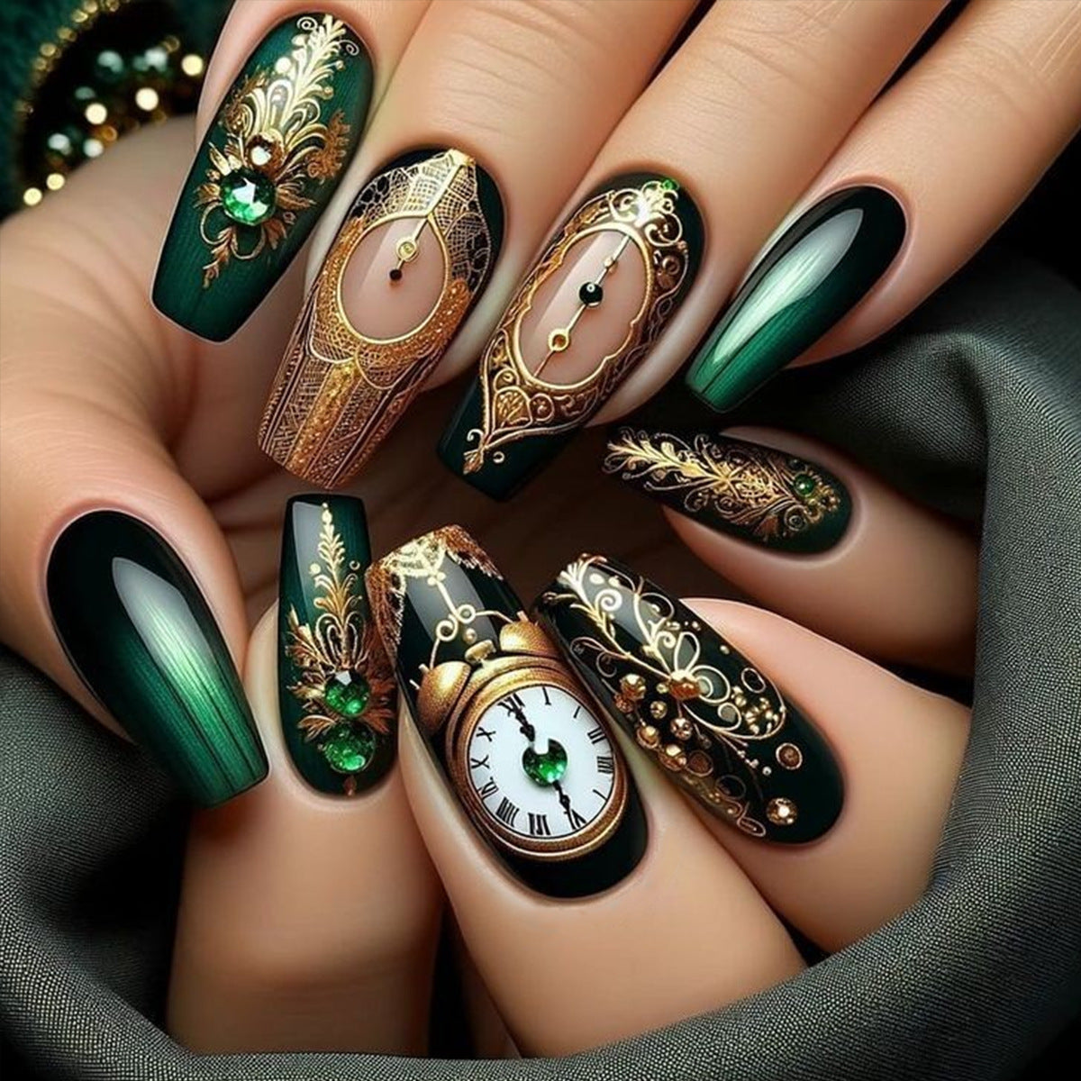 24pcs/Set Clock Coffin GreenPress-On Nails