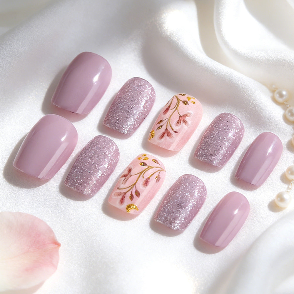 24pcs/Set Purple Glitter Flowers Press-On Nails