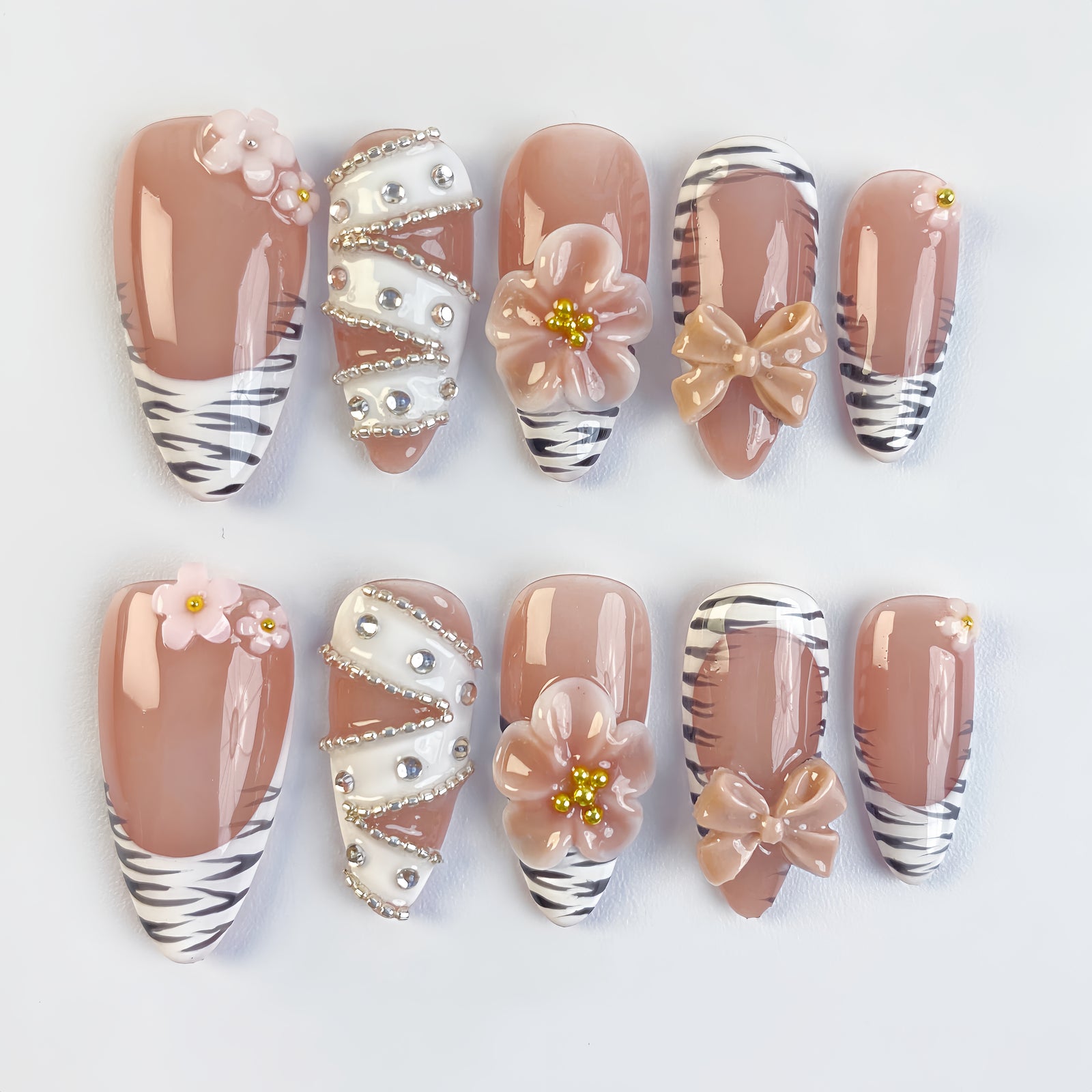 (Handmade) 10pcs/Set Nude Pink 3D Flower Black Zebra French Press-On Nails