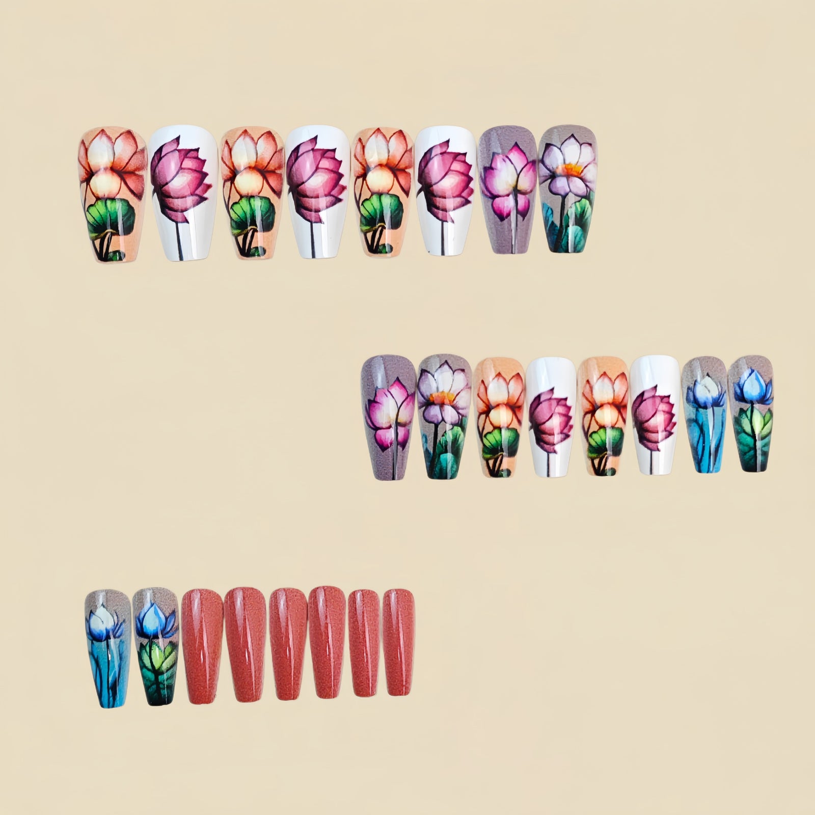 24pcs/Set Watercolor Lotus Flowers Press-On Nails