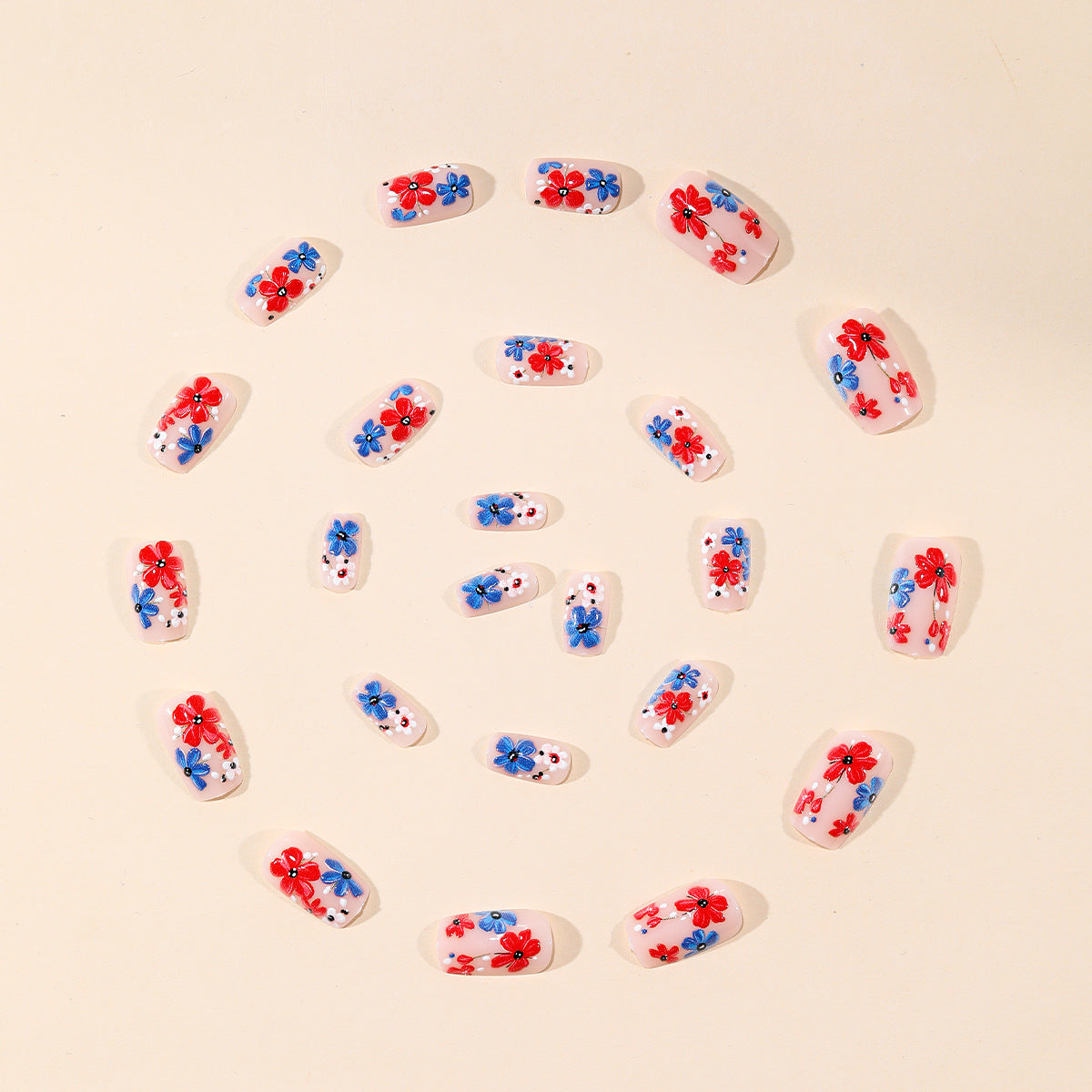 24pcs/Set Red Blue White Floral Press-On Nails