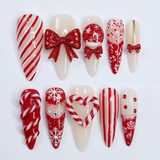 (Handmade) 10pcs/Set Christmas Striped 3D Heart Bow Press On Nails