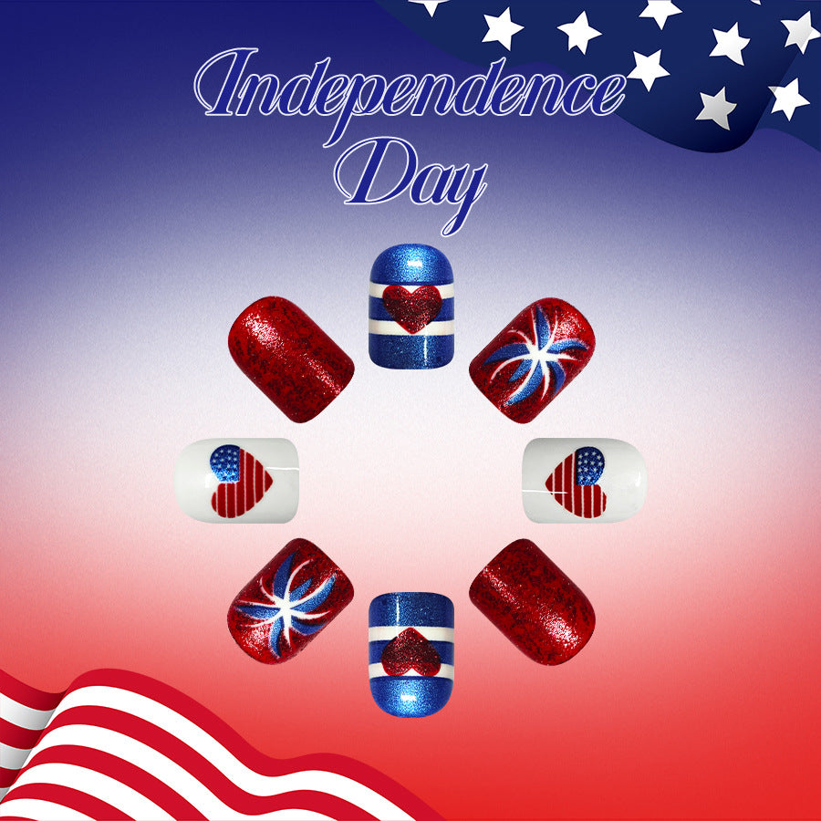 24pcs/Set Glitter Heart American Flag Stripes Press-On Nails