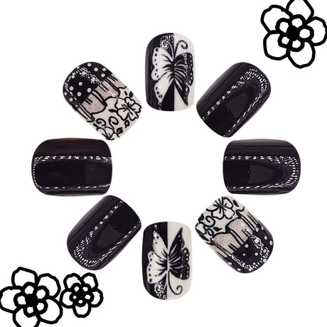 24pcs/Set Garden Grass Black & White Butterfly Press-On Nails