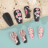 24pcs/Set Matte Black Cherry Blossom Press-On Nails