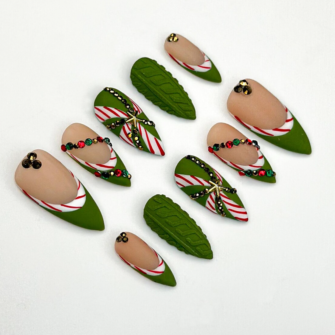 (Handmade) 10pcs/Set Green Matte Candy Cane Christmas Press On Nails