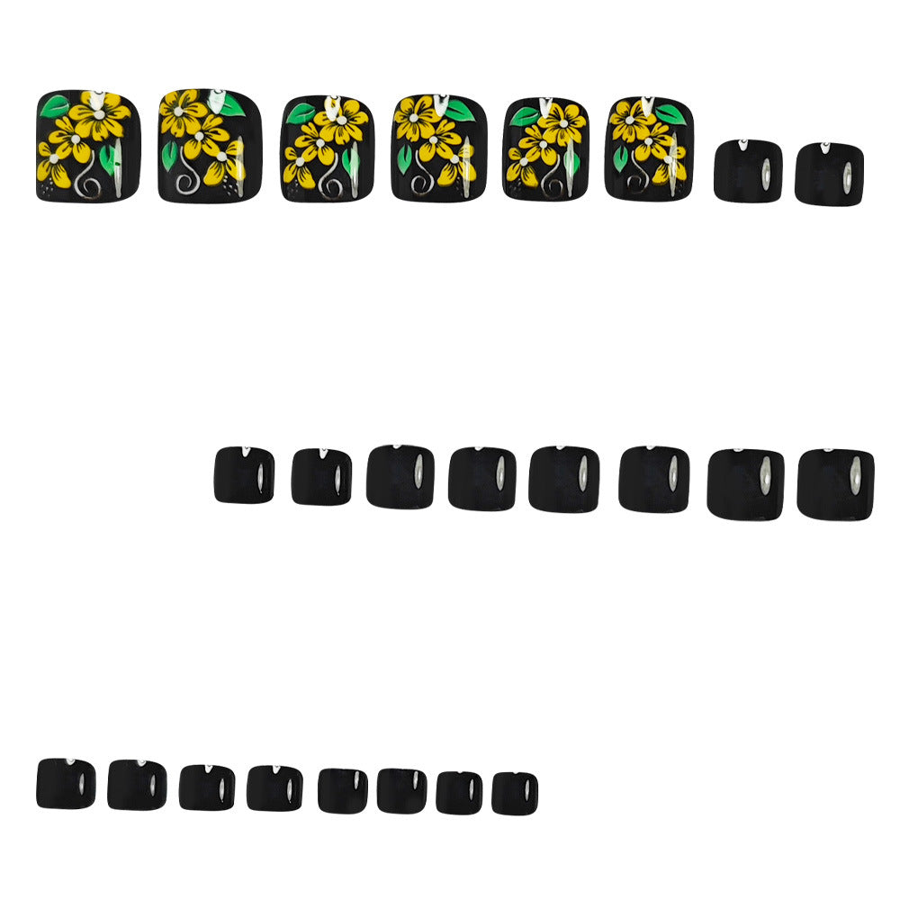24pcs/Set Yellow Flowers with Green Leaves Press On Toe Nails